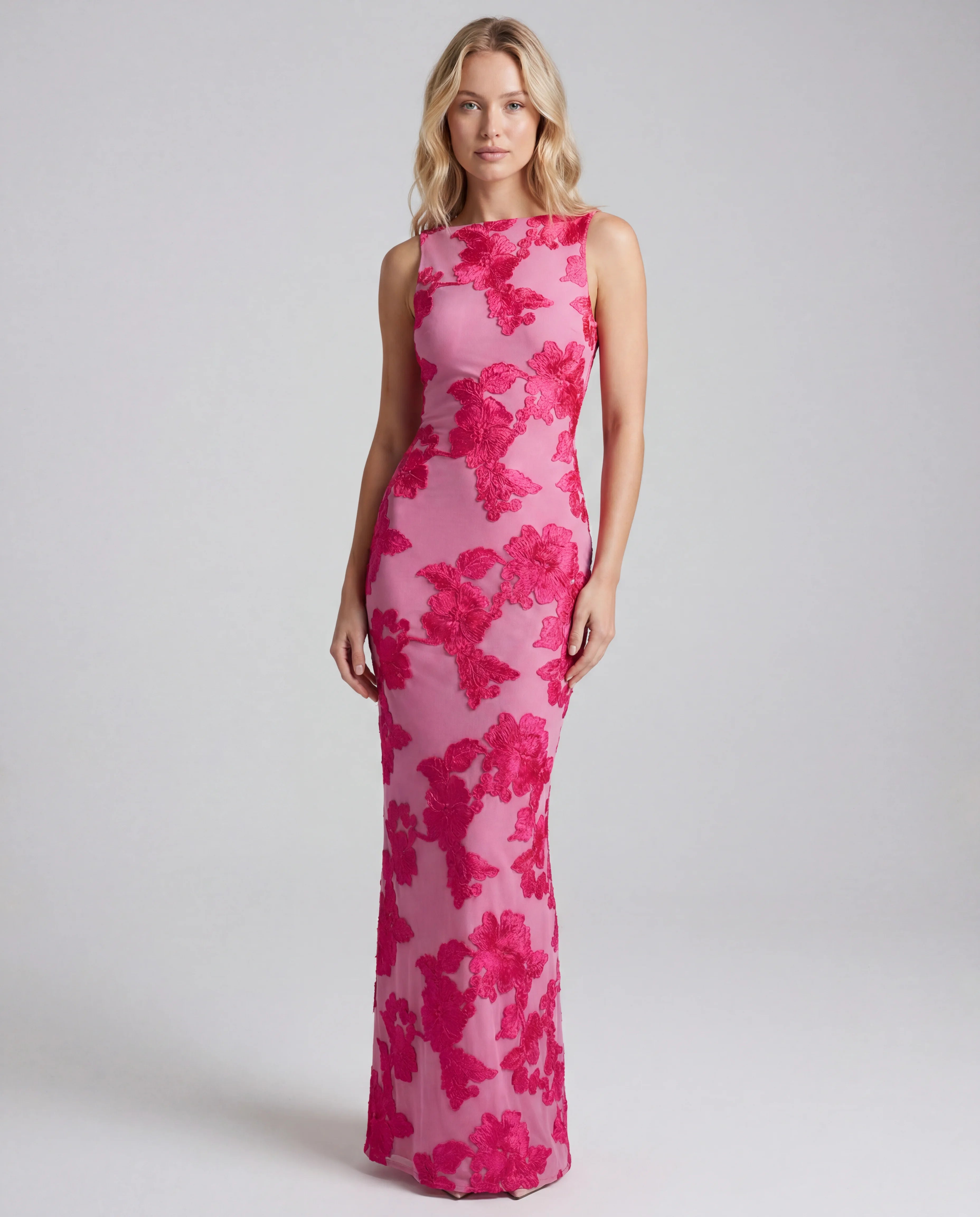 Boat Neck Sleeveless Floral Bodycon Maxi Dress