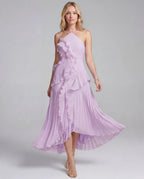 Halter Neck Pleated Ruffle Layered  Maxi Dress