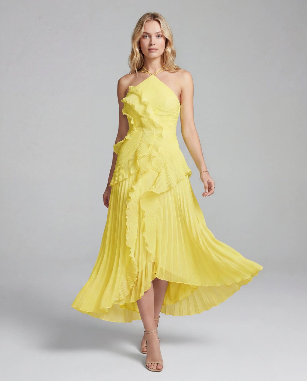 Halter Neck Pleated Ruffle Layered  Maxi Dress