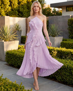 Halter Neck Pleated Ruffle Layered  Maxi Dress