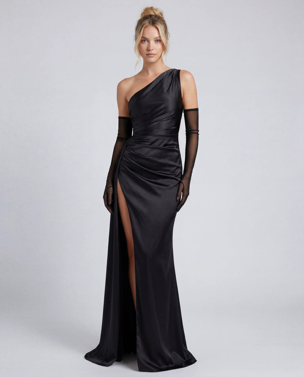 One Shoulder Draped Ruched Side Split Maxi Dress