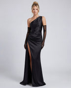 One Shoulder Draped Ruched Side Split Maxi Dress