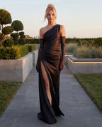 One Shoulder Draped Ruched Side Split Maxi Dress