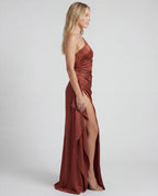 One Shoulder Draped Ruched Side Split Maxi Dress