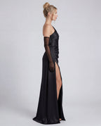One Shoulder Draped Ruched Side Split Maxi Dress