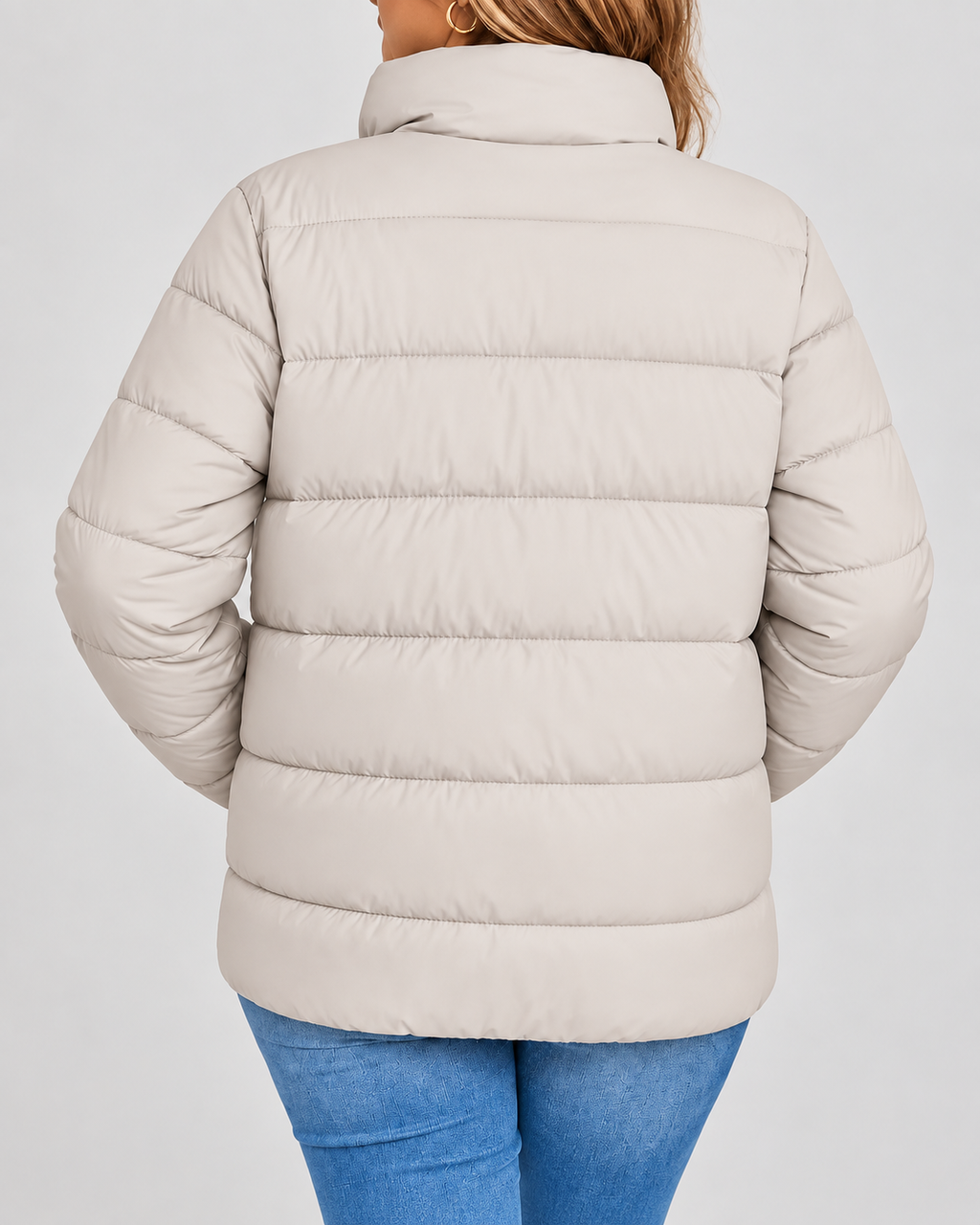 Women's Puffer Jacket with Zip Pockets and Stand Collar