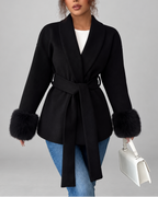 Women's Belted Blazer Jacket with Faux Fur Cuffs