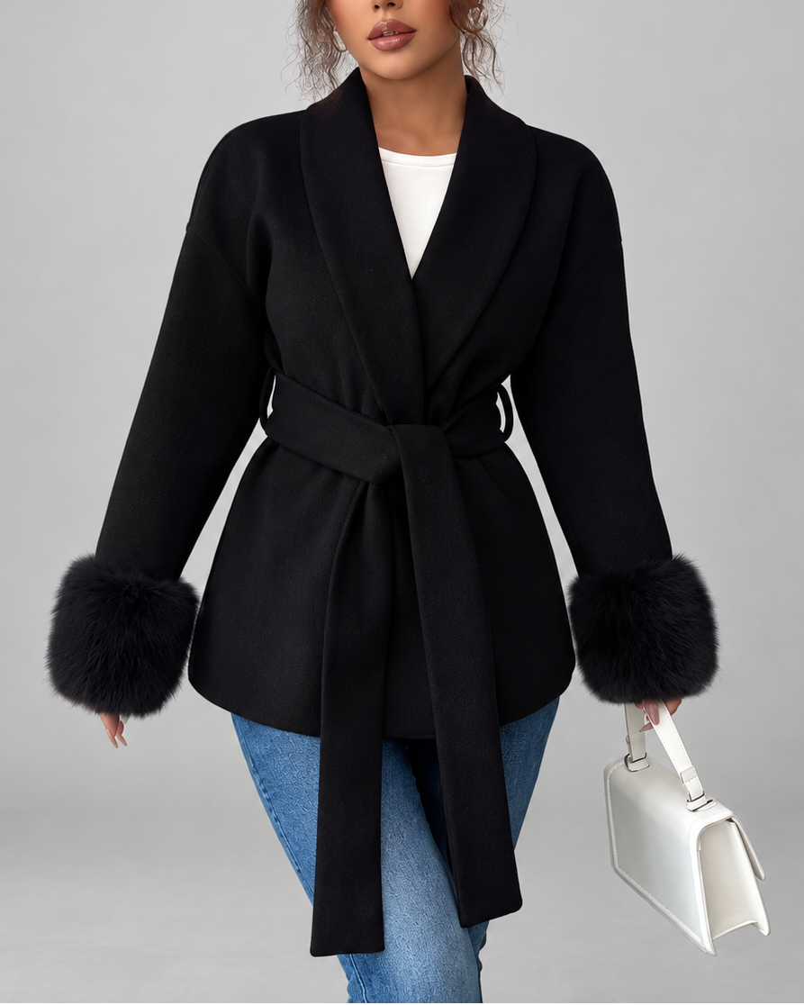 Women's Belted Blazer Jacket with Faux Fur Cuffs
