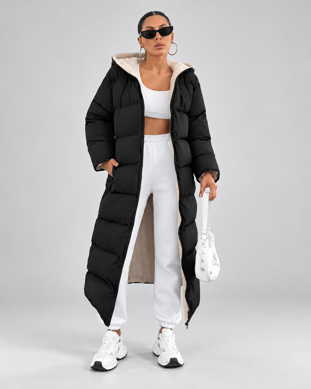 Women's Maxi Puffer Coat with Sherpa Lined Hood and Zip Front