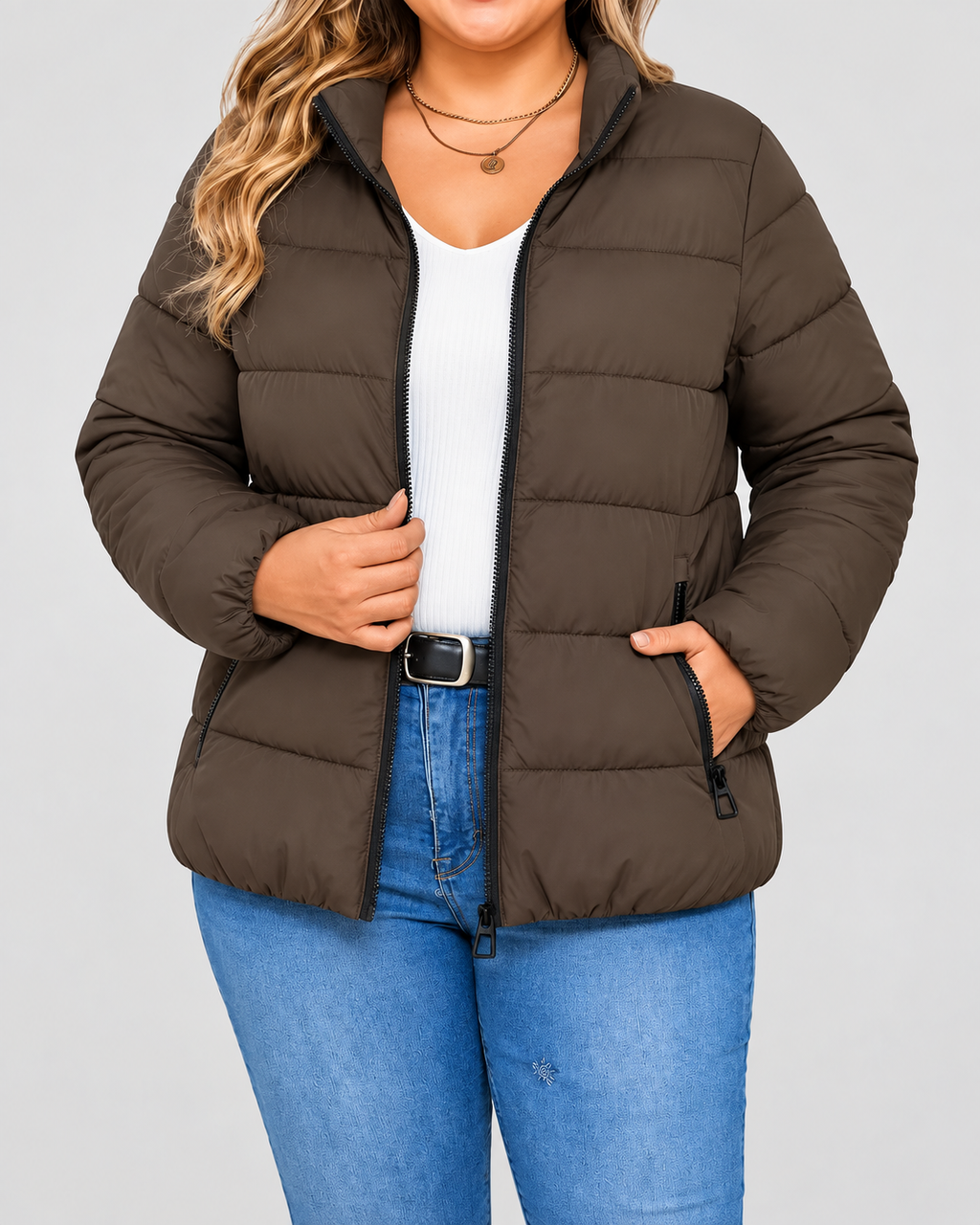 Women's Puffer Jacket with Zip Pockets and Stand Collar