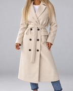 Women's Long Belted Double Breasted Coat with Lapel Collar and Pockets
