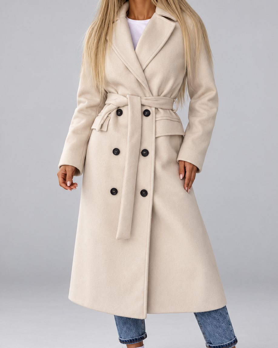 Women's Long Belted Double Breasted Coat with Lapel Collar and Pockets