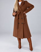 Women's Long Belted Double Breasted Coat with Lapel Collar and Pockets