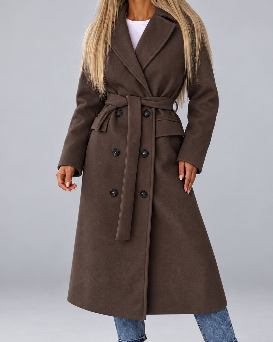 Women's Long Belted Double Breasted Coat with Lapel Collar and Pockets