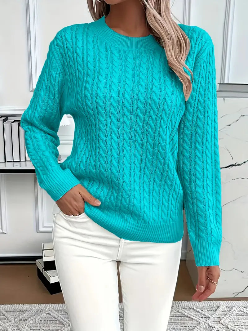 Women's Cable Textured Jumper with Crew Neck and Ribbed Cuffs