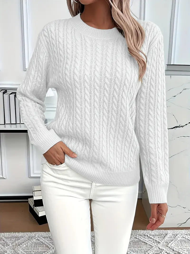 Women's Cable Textured Jumper with Crew Neck and Ribbed Cuffs