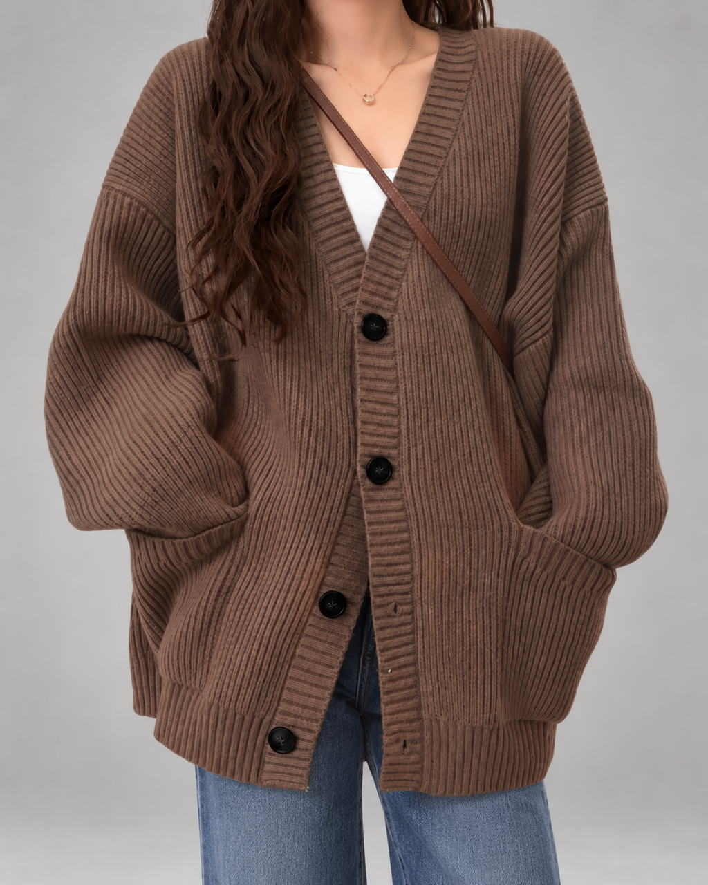 Women's Oversized V-Neck Cardigan with Button Front