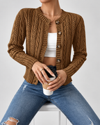 Women's Cable Knit Cardigan with Round Neck and Button Front