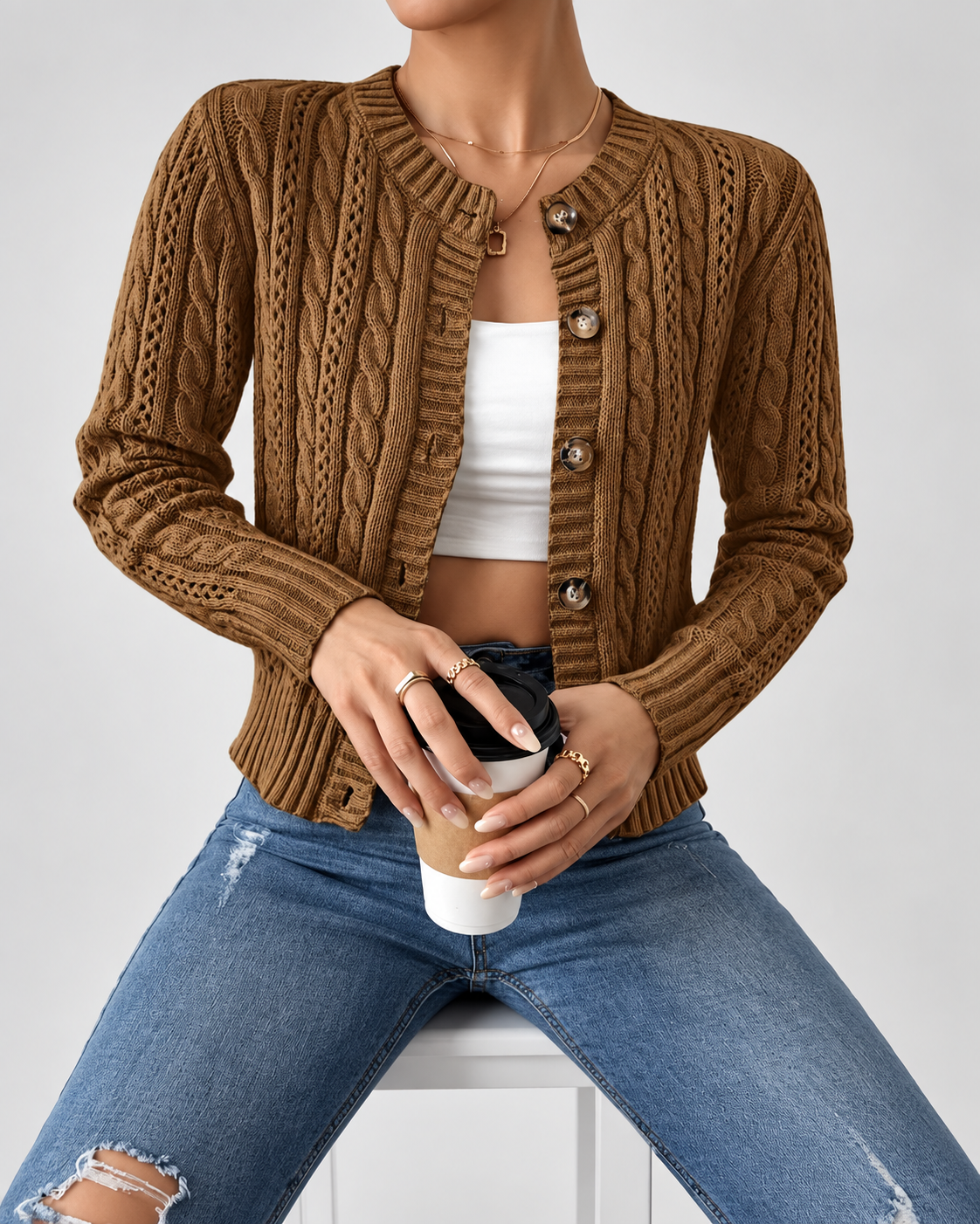 Women's Cable Knit Cardigan with Round Neck and Button Front