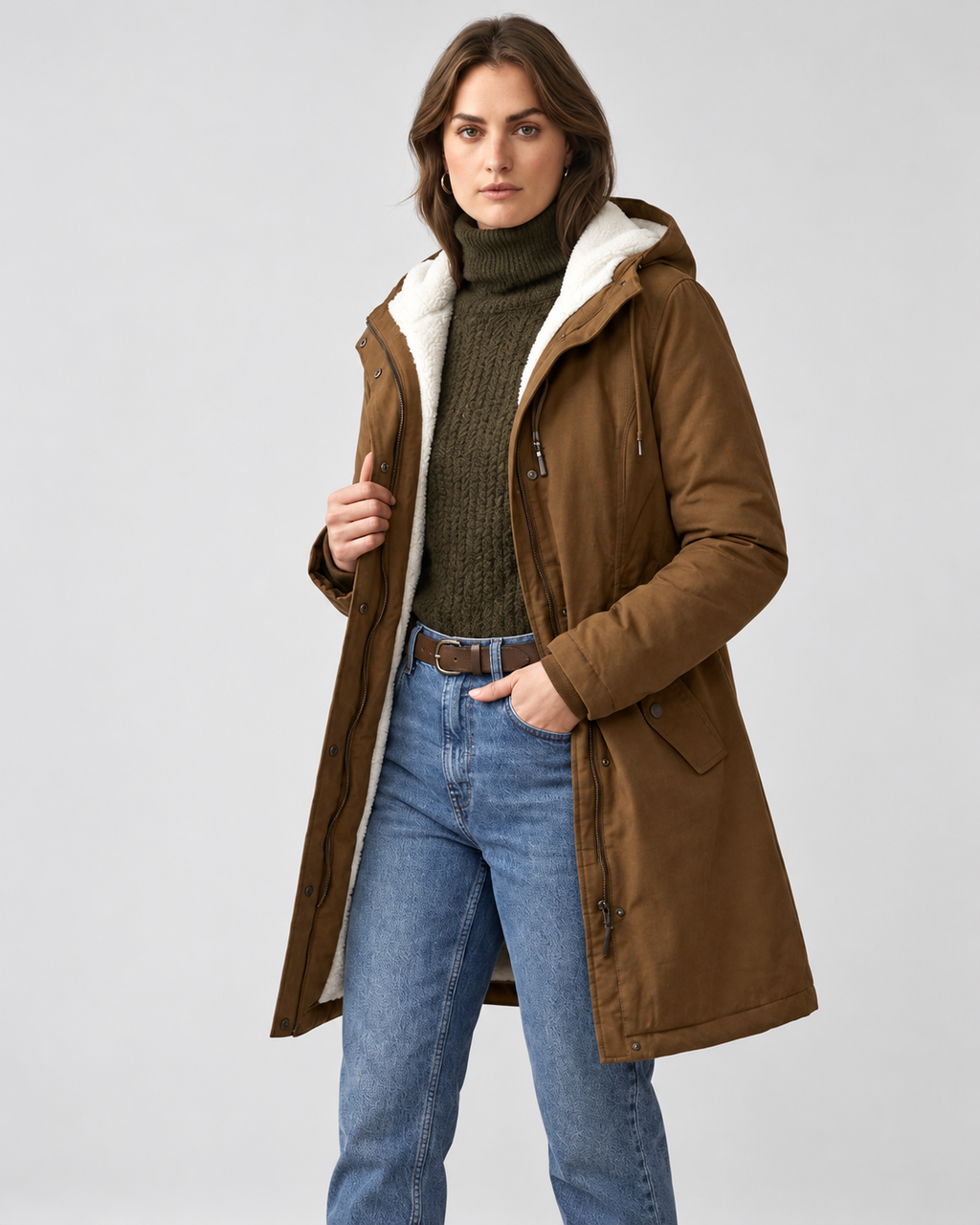 Women's Fleece Lined Long Parka with Hood and Drawstring Waist