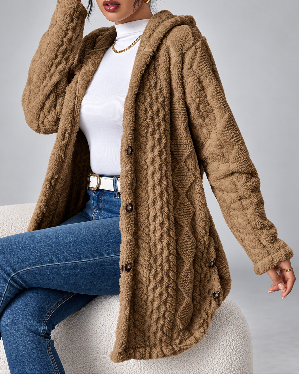 Women's Hooded Plush Cable Knit Longline Cardigan with Button Front