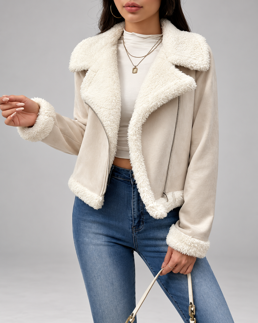 Women's Suede Style Aviator Jacket with Shearling Collar and Zip Front