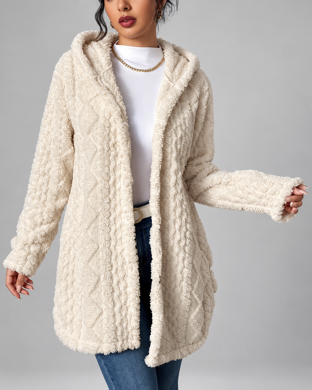 Women's Hooded Plush Cable Knit Longline Cardigan with Button Front