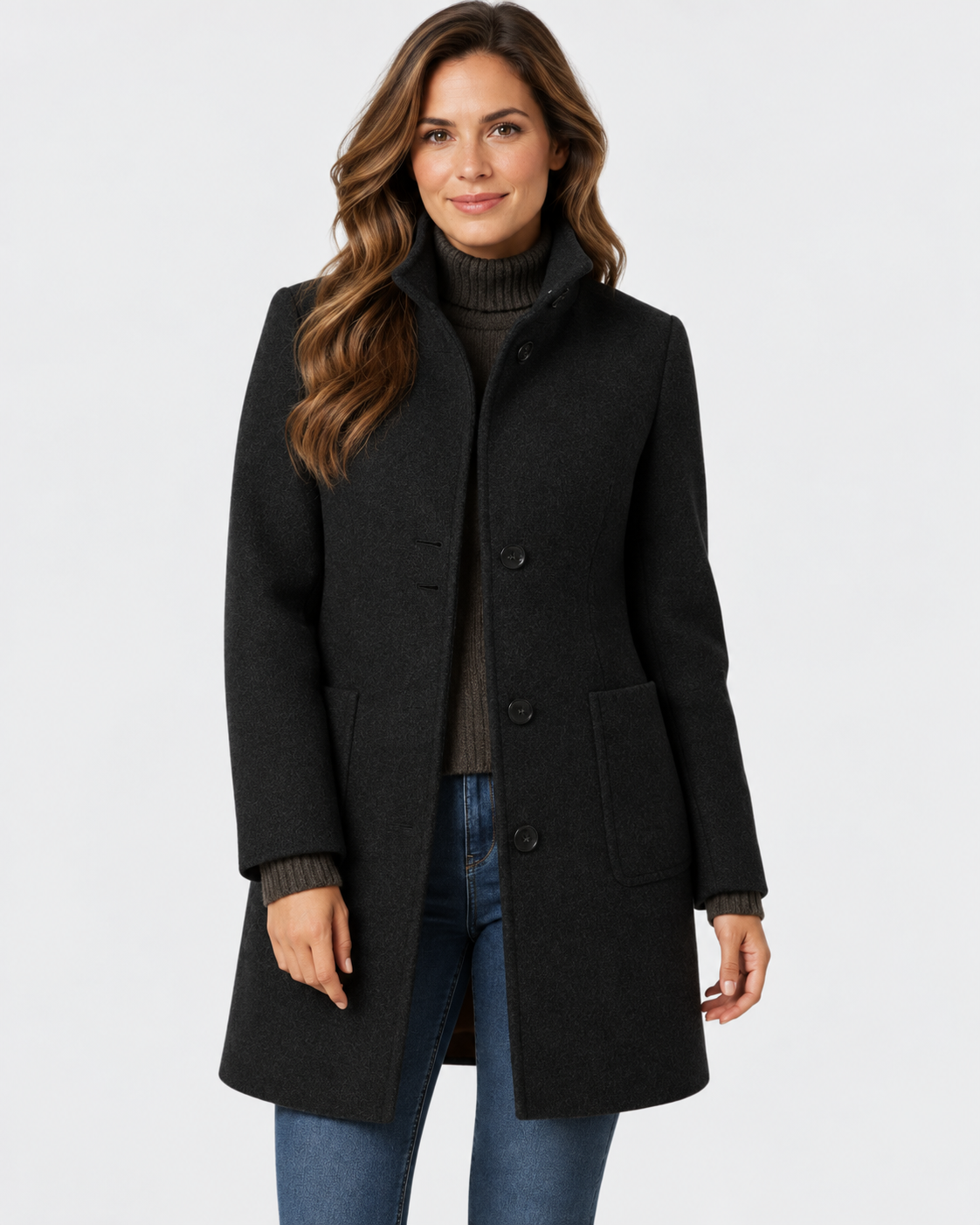 Women's Long Coat with Stand Collar and Button Front