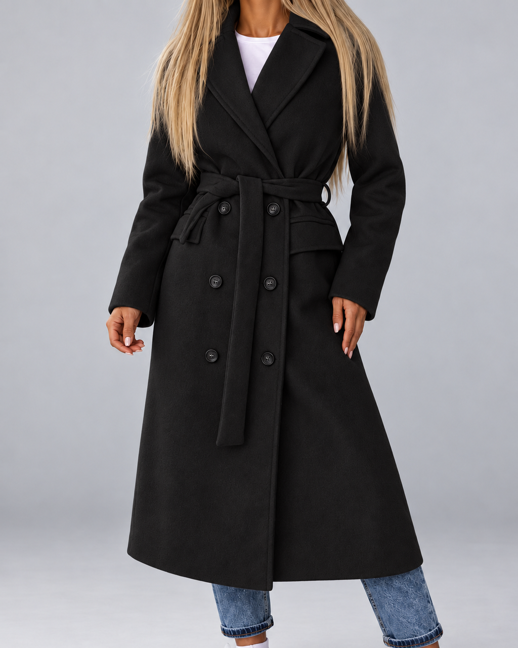 Women's Long Belted Double Breasted Coat with Lapel Collar and Pockets