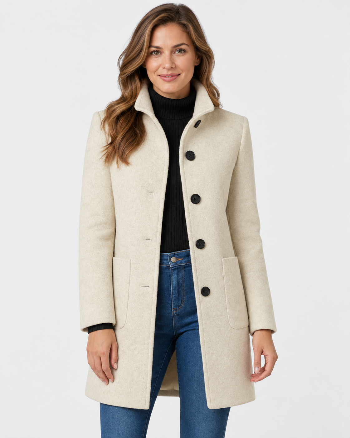 Women's Long Coat with Stand Collar and Button Front