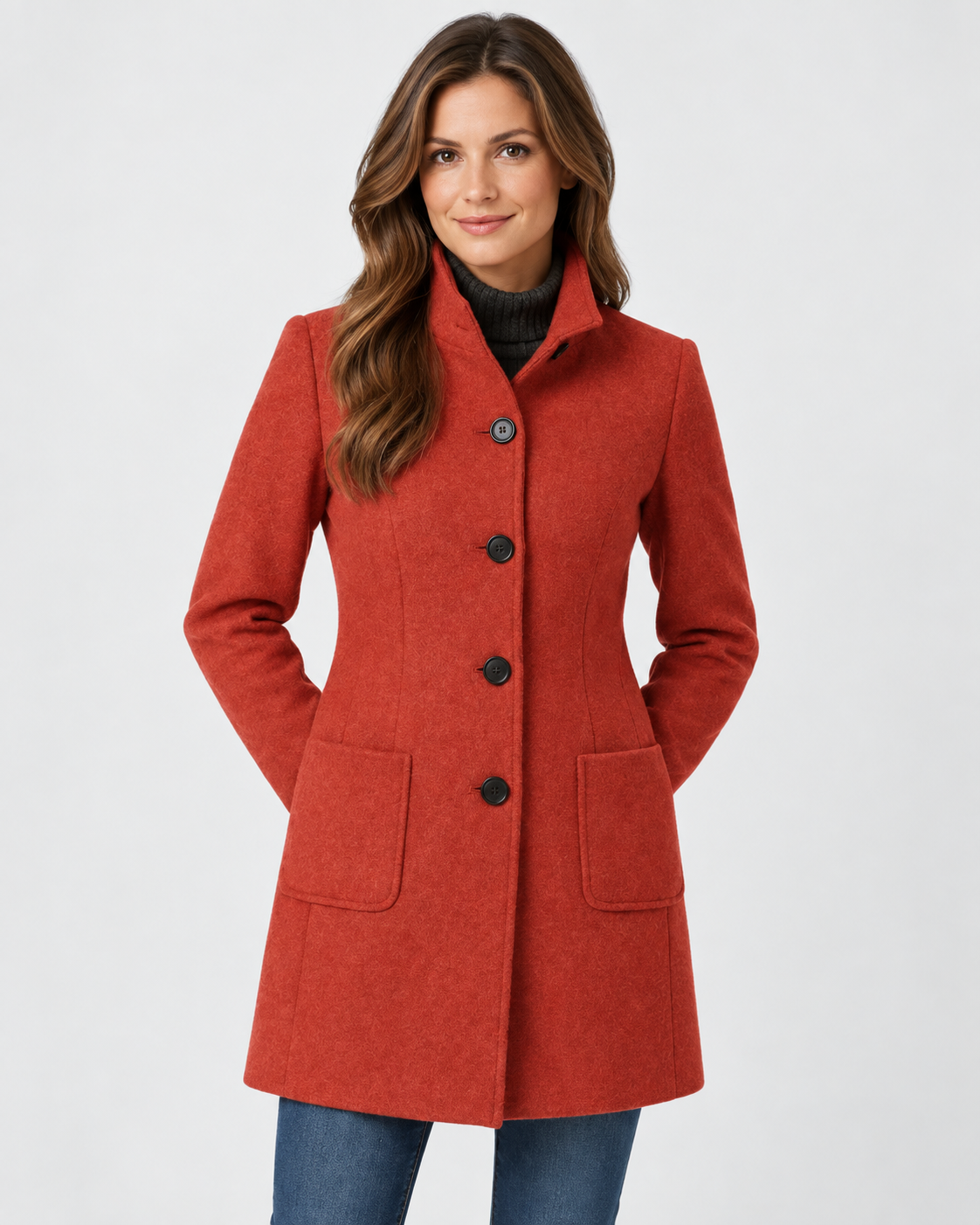 Women's Long Coat with Stand Collar and Button Front