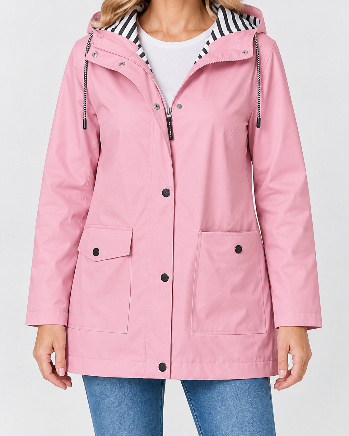 Women's Waterproof Windproof Hooded Rain Coat with Zip Front and Pockets