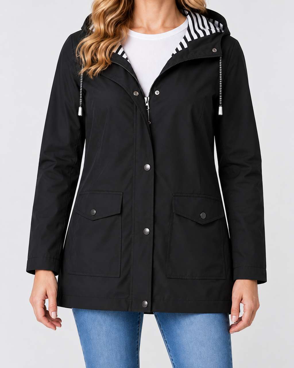 Women's Waterproof Windproof Hooded Rain Coat with Zip Front and Pockets