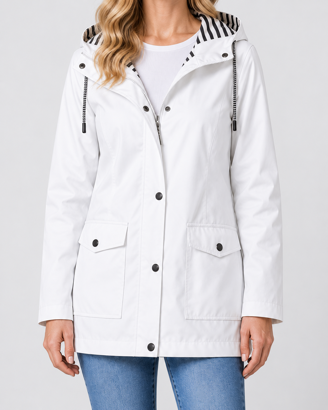 Women's Waterproof Windproof Hooded Rain Coat with Zip Front and Pockets