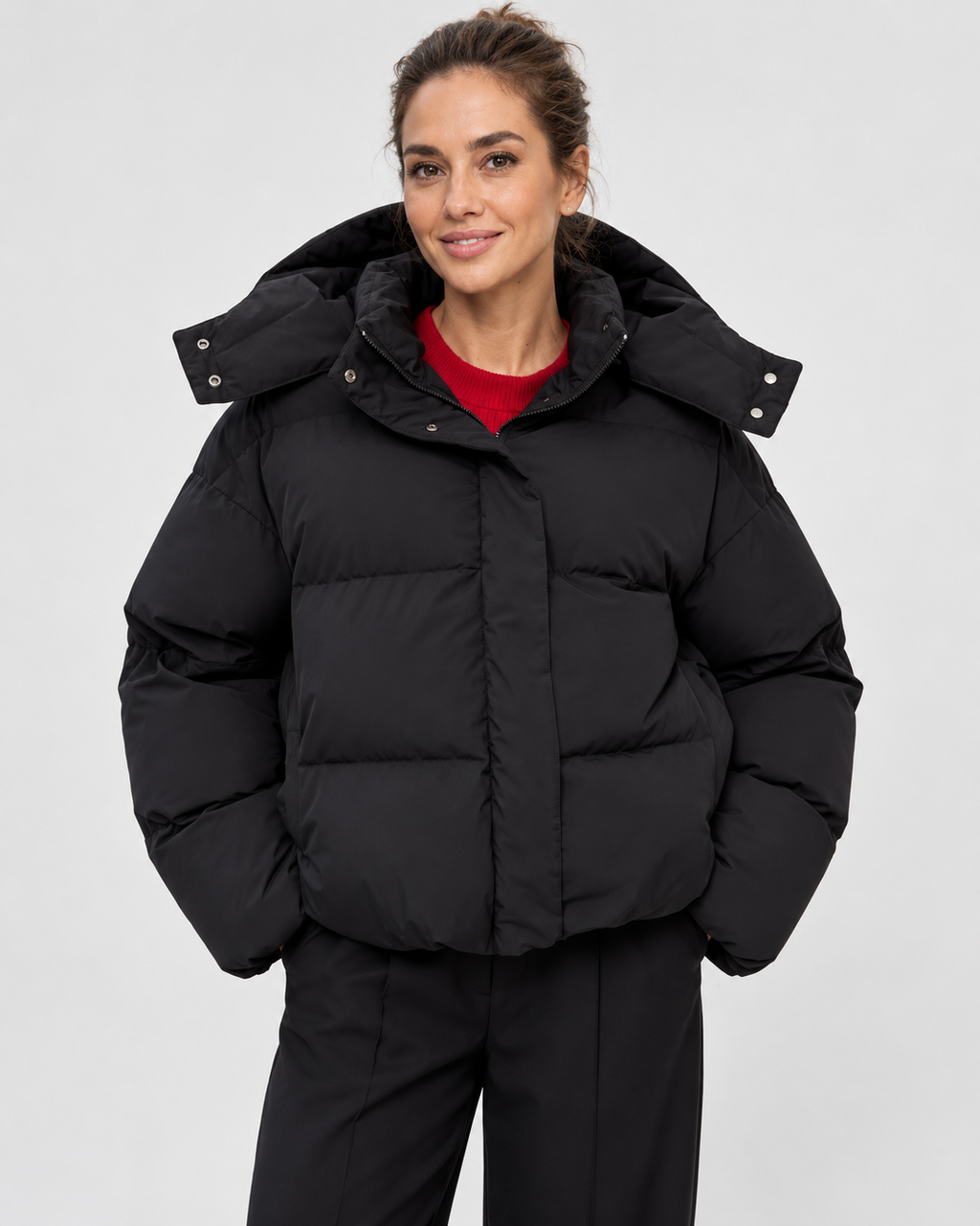 Women's Cropped Oversized Puffer Jacket with Detachable Hood and Zip Front