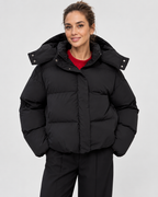 Women's Cropped Oversized Puffer Jacket with Detachable Hood and Zip Front