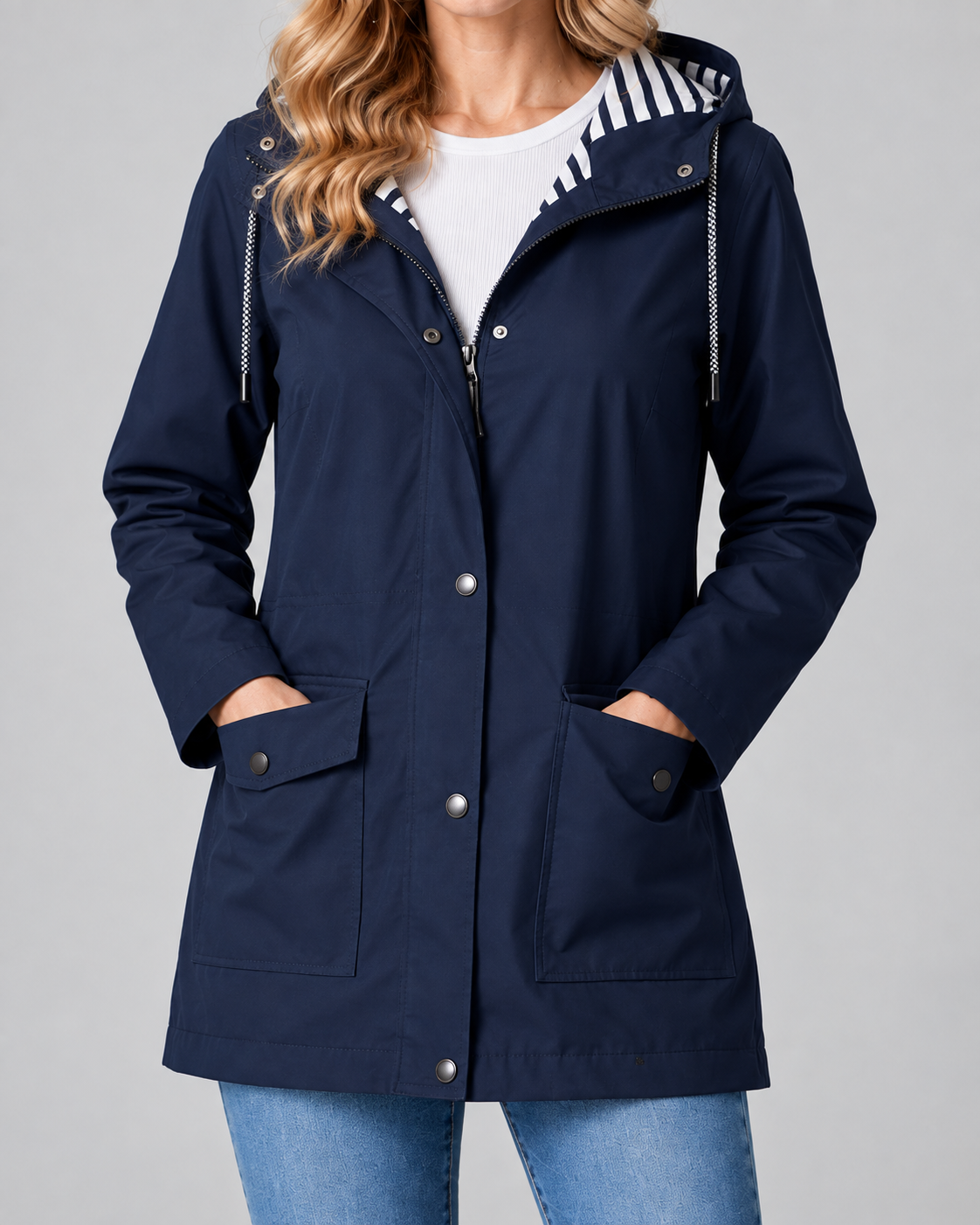 Women's Waterproof Windproof Hooded Rain Coat with Zip Front and Pockets