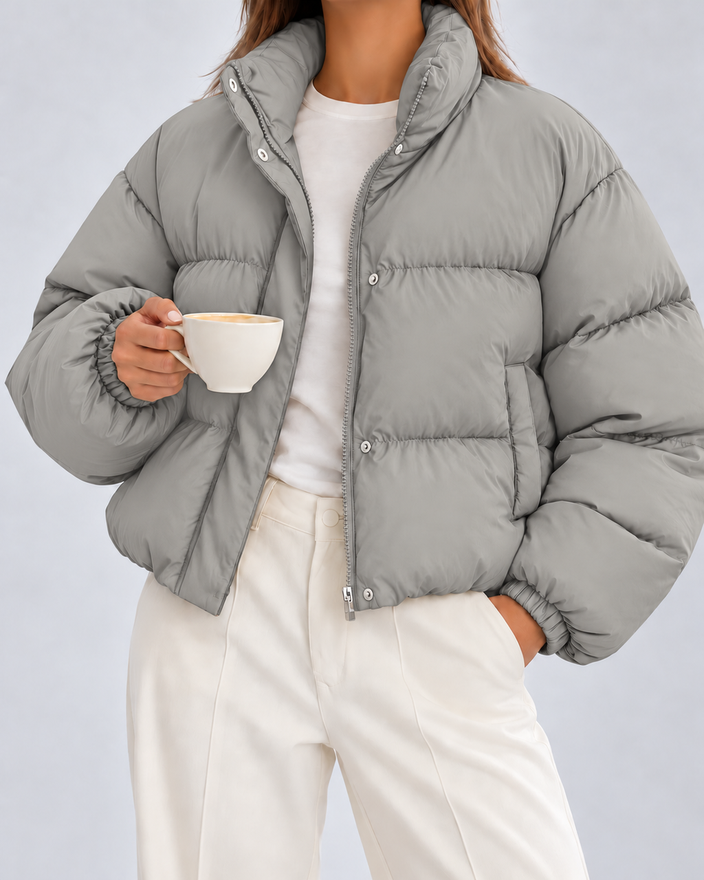 Women's Cropped Oversized Padded Puffer Jacket with Stand Collar