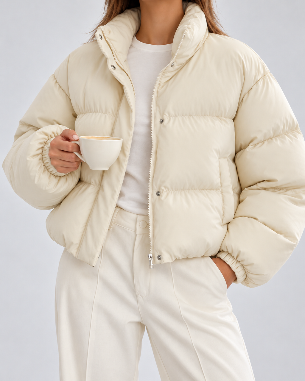 Women's Cropped Oversized Padded Puffer Jacket with Stand Collar