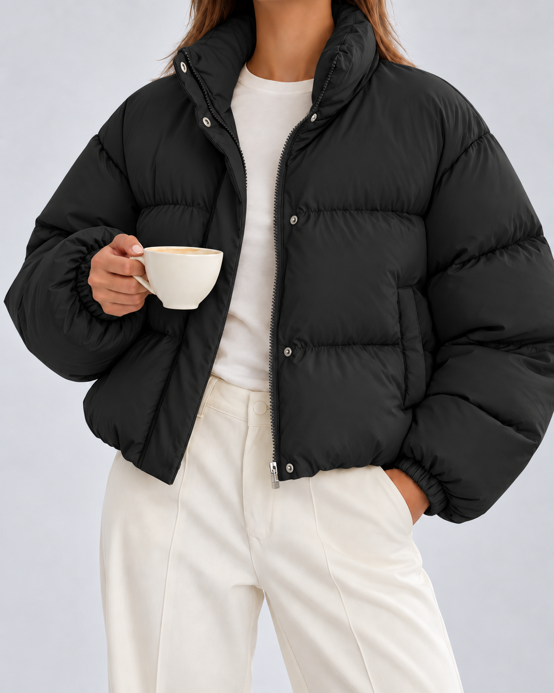 Women's Cropped Oversized Padded Puffer Jacket with Stand Collar