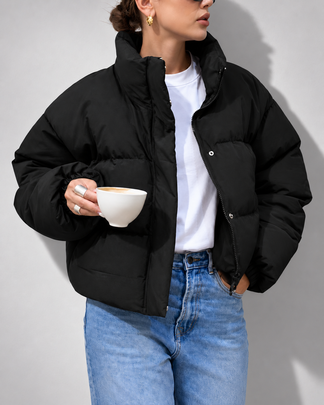 Women's Oversized Padded Puffer Jacket with Funnel Collar and Zip Front