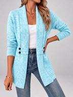 Women's Longline Knit Cardigan with Shawl Collar and Button Tabs