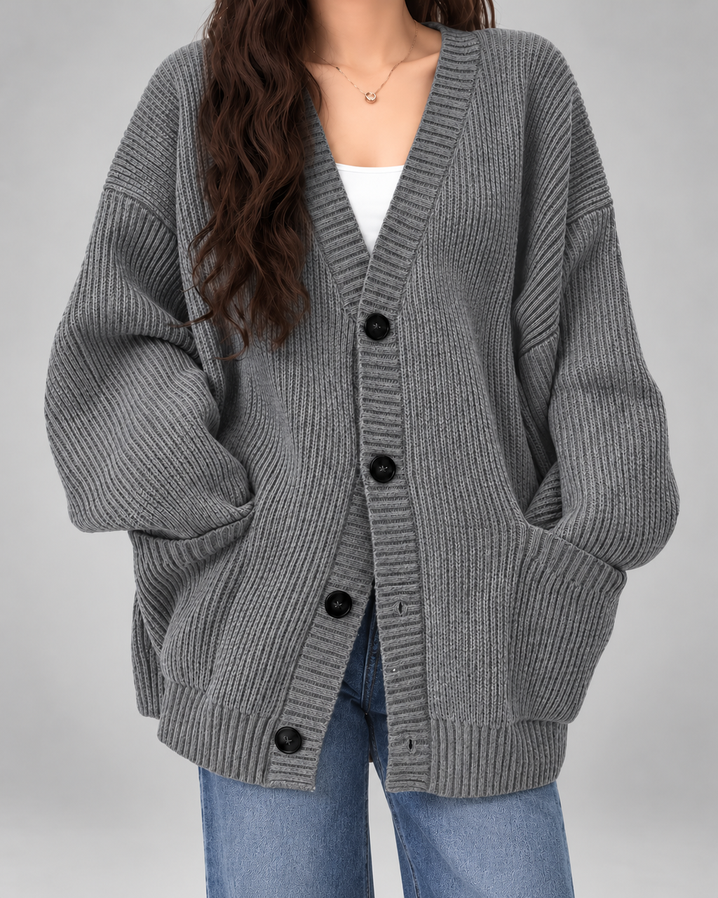Women's Oversized V-Neck Cardigan with Button Front