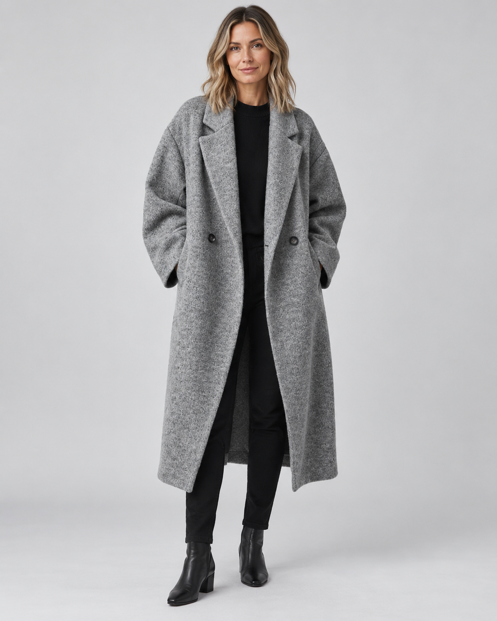 Women's Longline Coat with Notch Lapel and Double Breasted Front