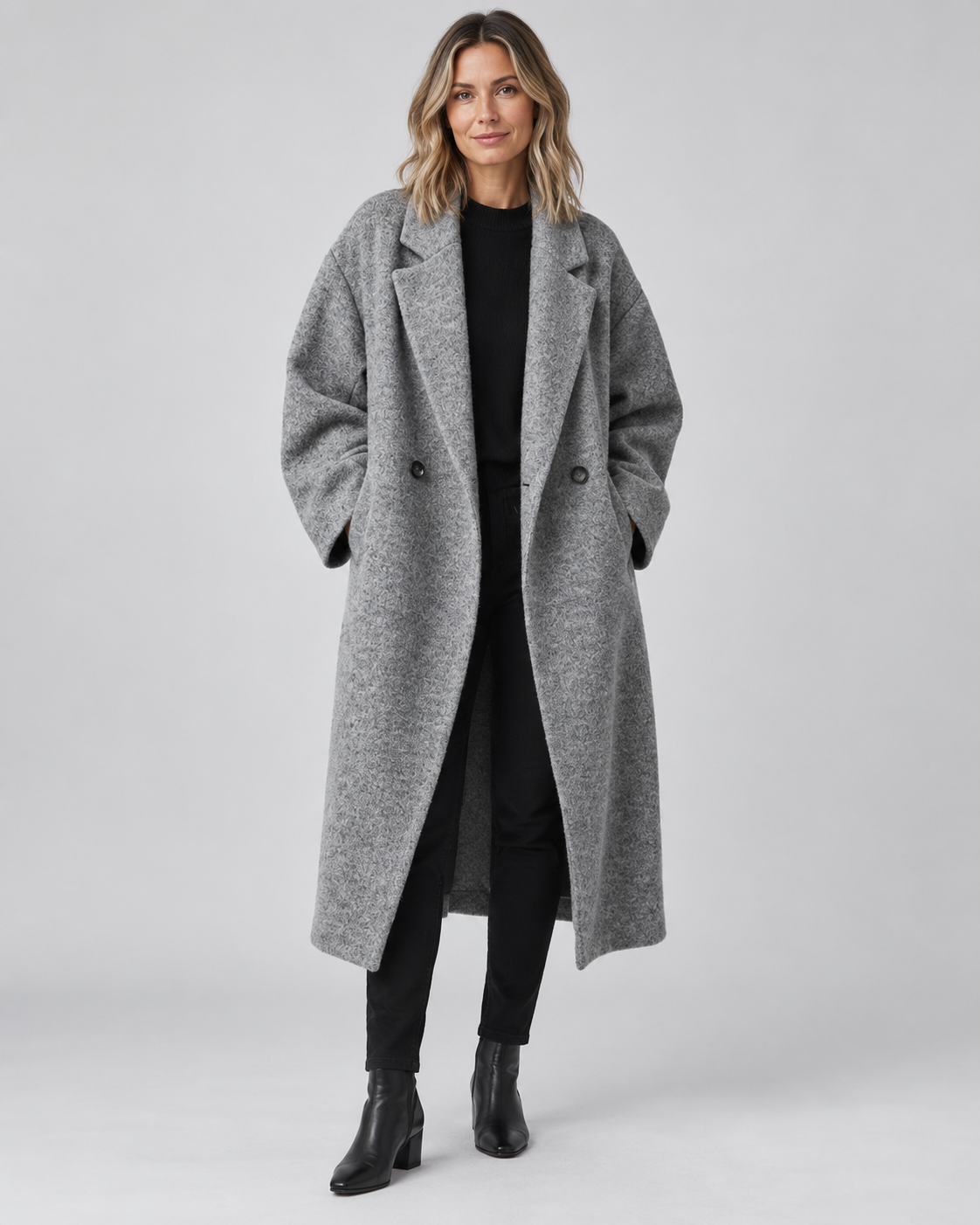 Women's Longline Coat with Notch Lapel and Double Breasted Front