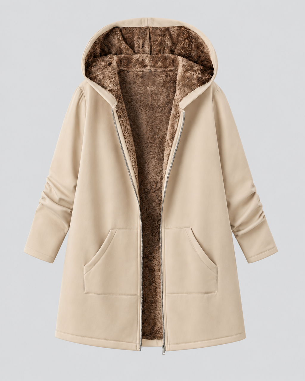 Women's Fleece Lined Hooded Longline Jacket with Zip Front