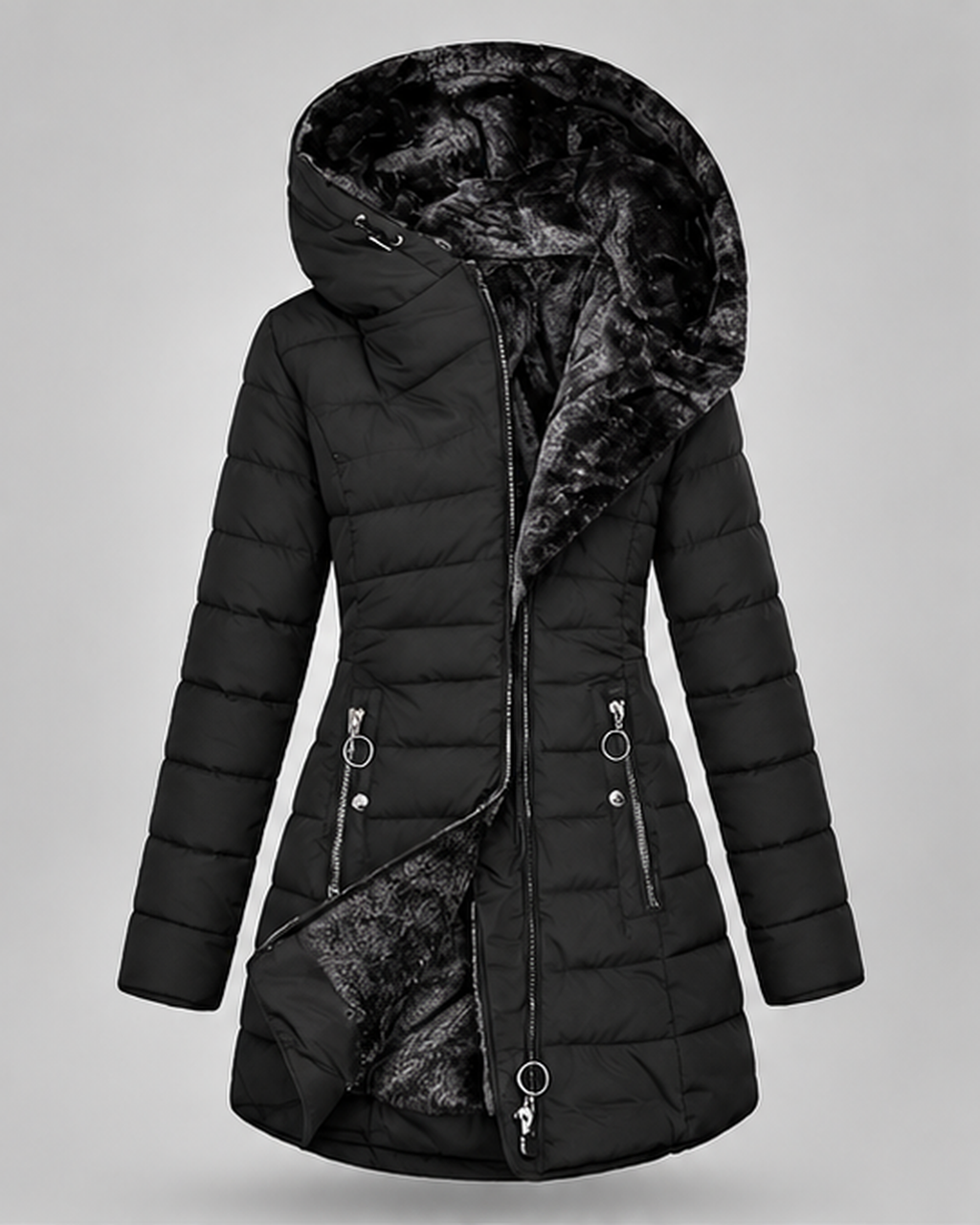 Women's Hooded Puffer Jacket with Fleece Lining and Zip Front
