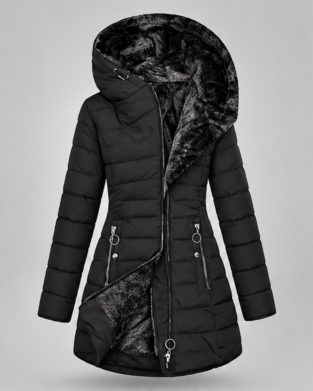 Women's Hooded Puffer Jacket with Fleece Lining and Zip Front