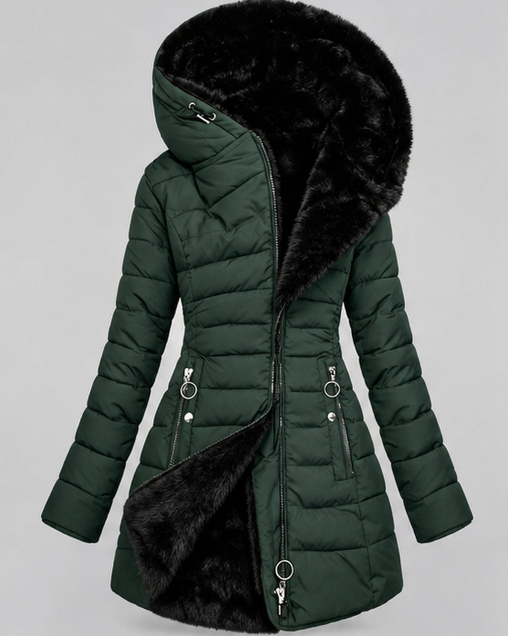 Women's Hooded Puffer Jacket with Fleece Lining and Zip Front