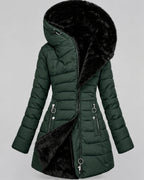 Women's Hooded Puffer Jacket with Fleece Lining and Zip Front